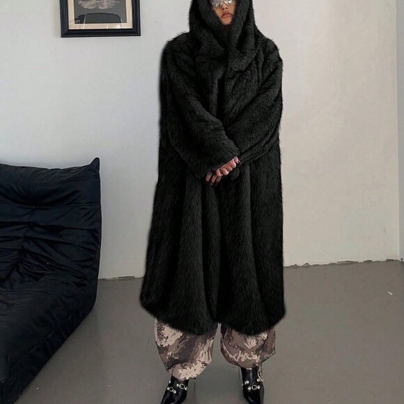 Black Preppy Women's Plus Size Long Sleeve Hooded Fluffy Coat - Picture 1 of 6